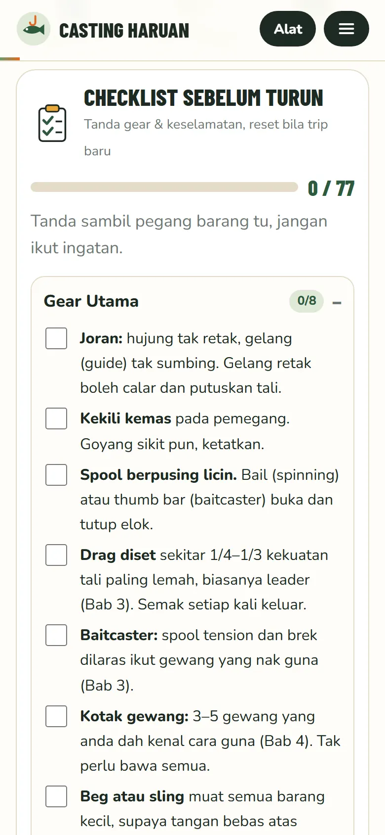 Checklist Sebelum Turun dalam web app